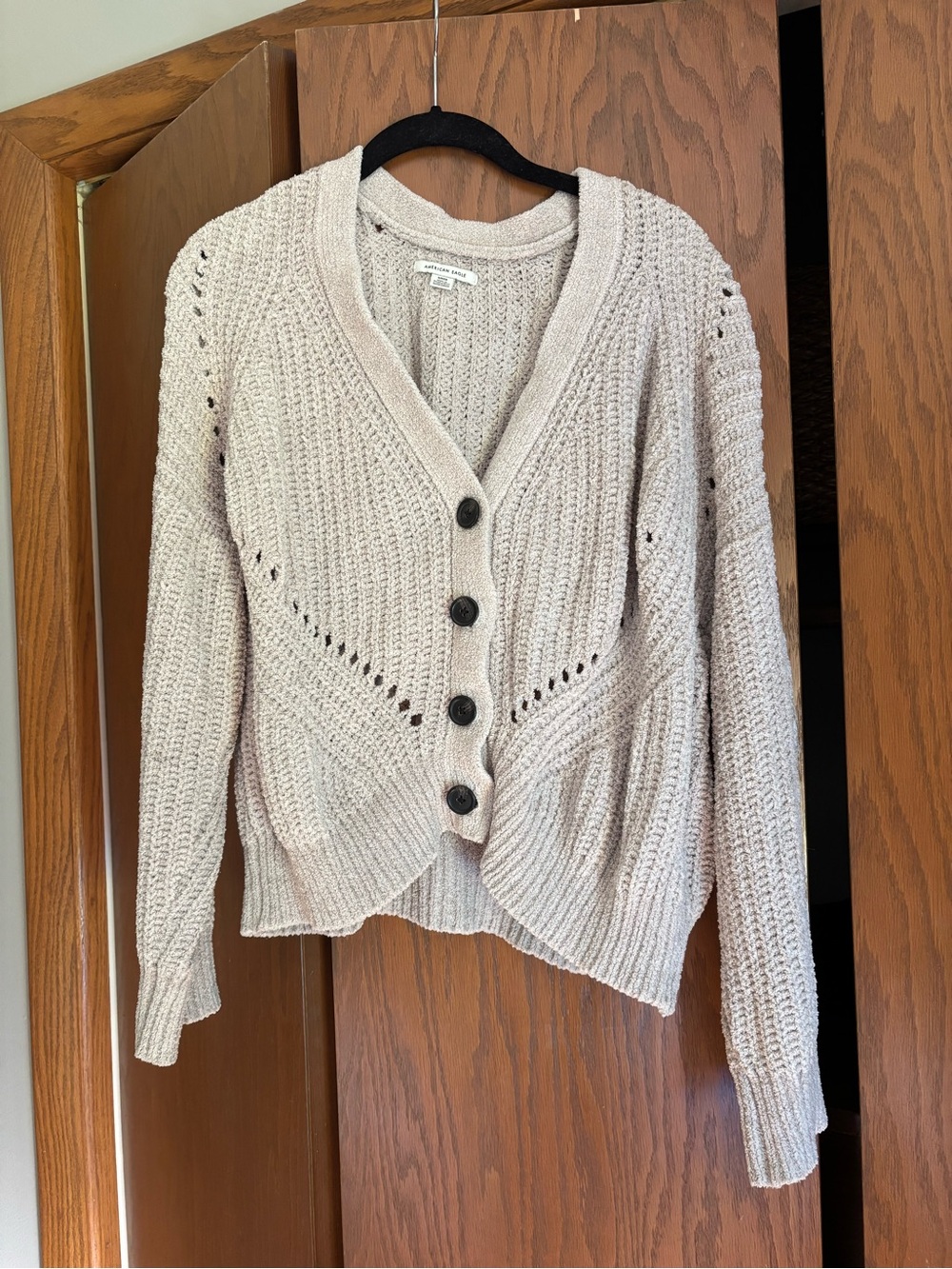American Eagle Outfitters Cream Chenille Knit Button-Front Cardigan